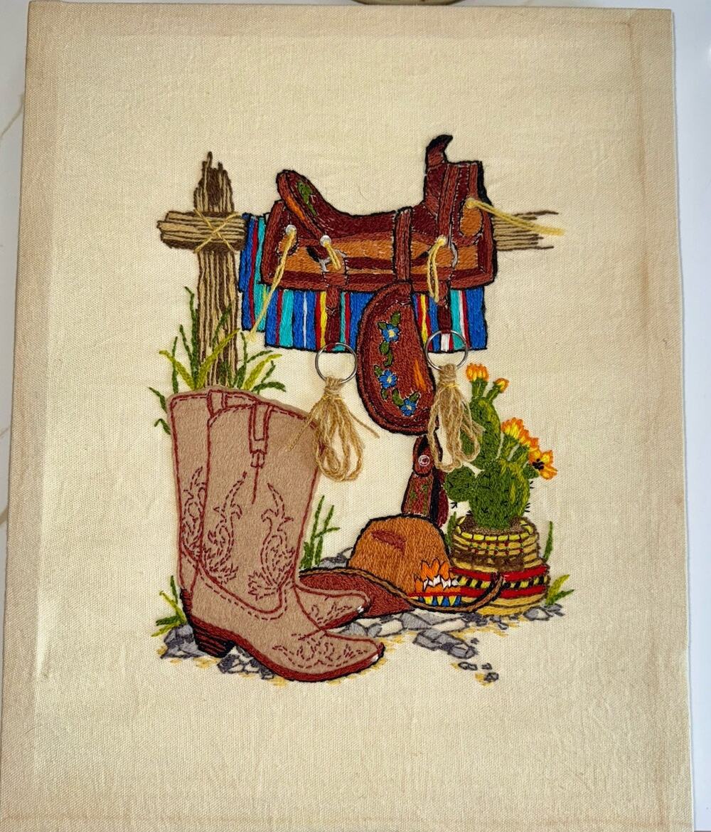 Vintage 80s Finished Crewel Embroidery Framed Western Cowboy Saddle Decor 17x14